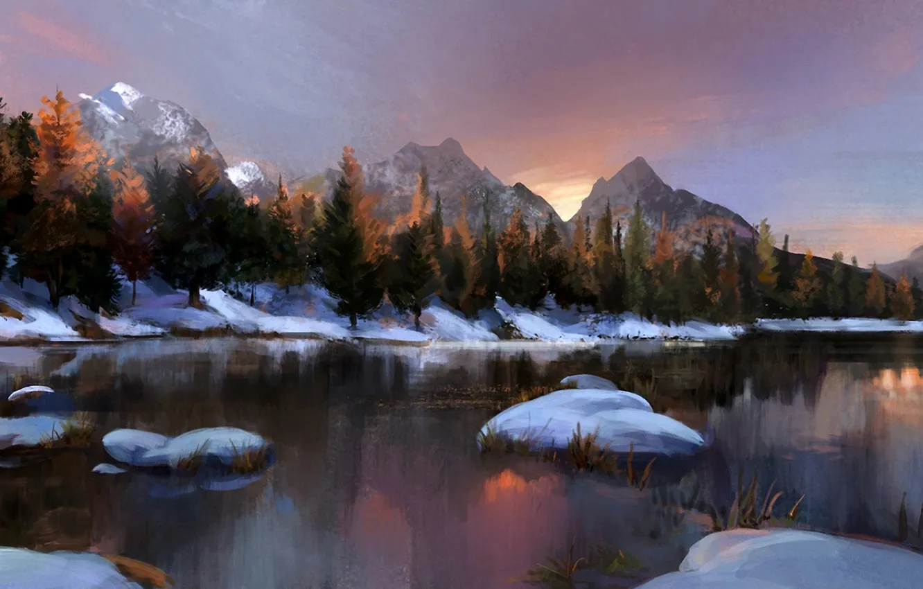 Фото обои зима, снег, деревья, горы, озеро, камни, арт, хвойные