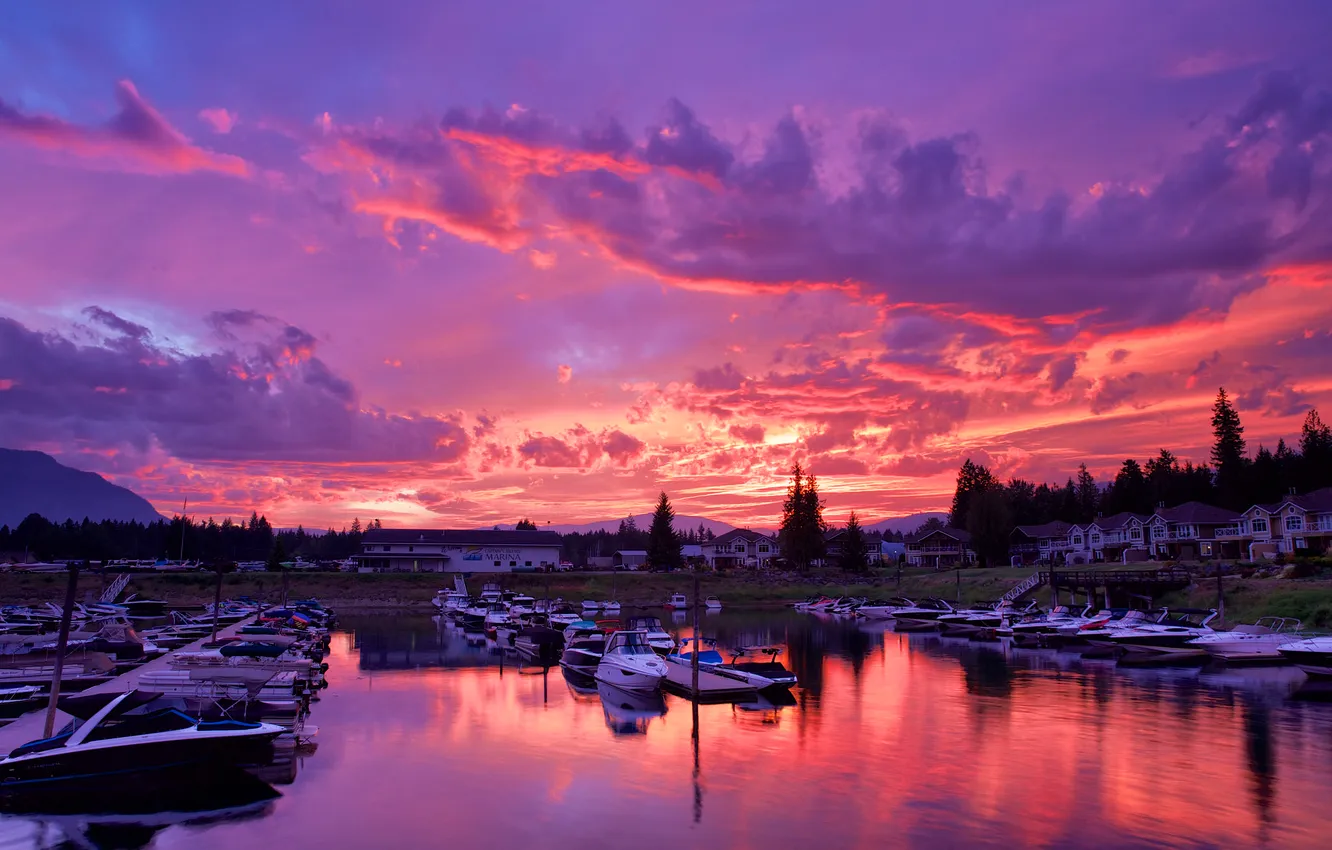 Фото обои небо, облака, деревья, яхты, лодки, Канада, зарево, катера