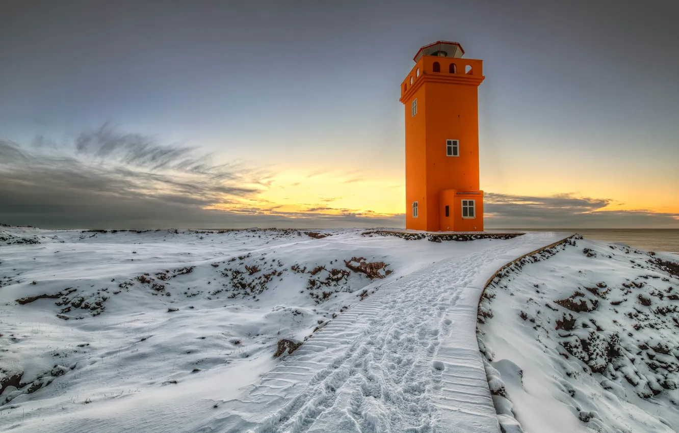 Фото обои зима, пейзаж, Svortuloft Lighthouse