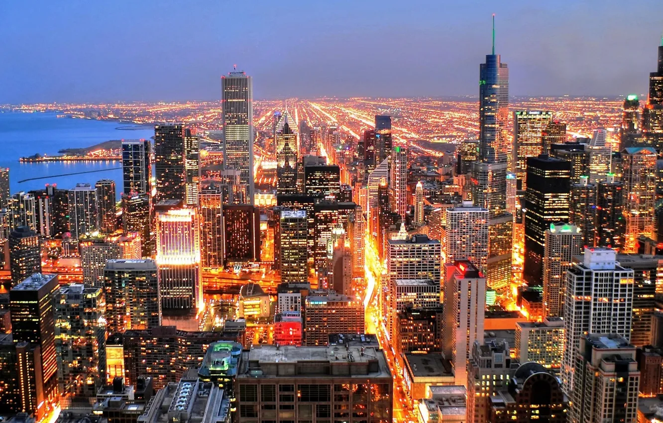 Фото обои city, lights, USA, Chicago, Illinois, skyline, sky, sunset