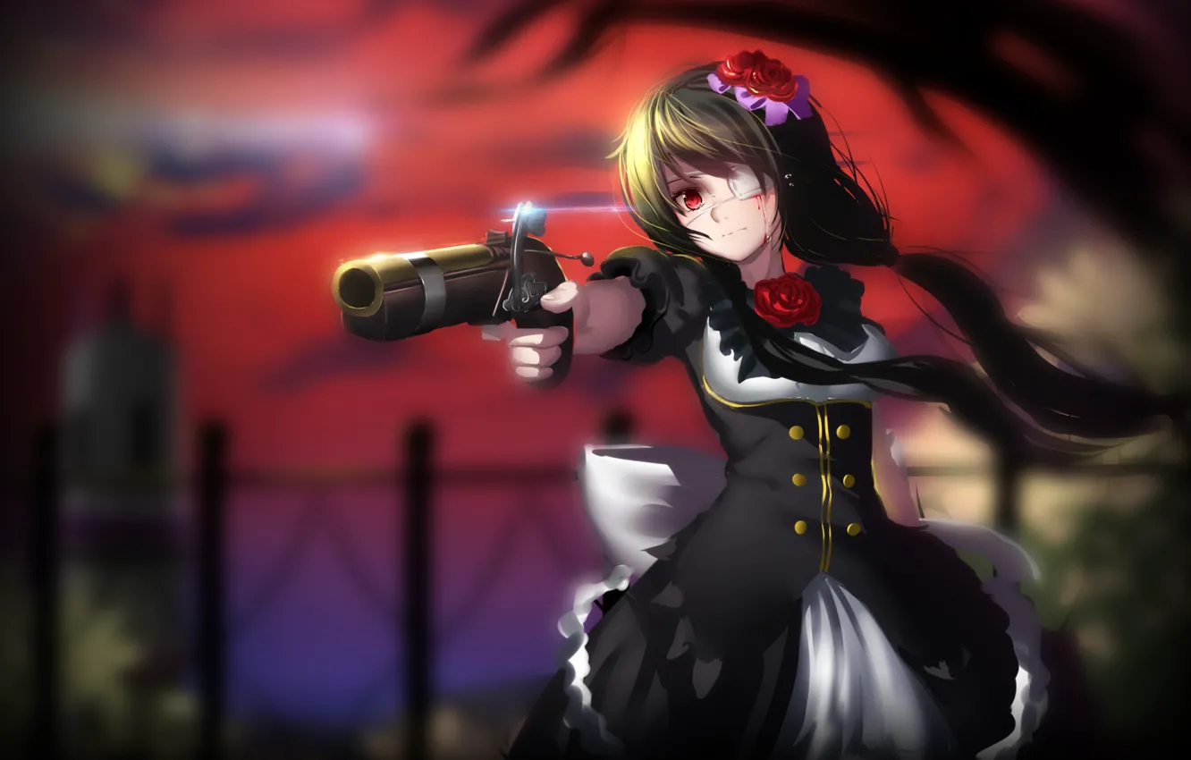 Фото обои девушка, пистолет, оружие, кровь, date a live, tokisaki kurumi