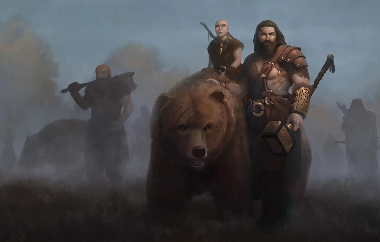 Фото обои фон, фантастика, медведь, арт, мужчина