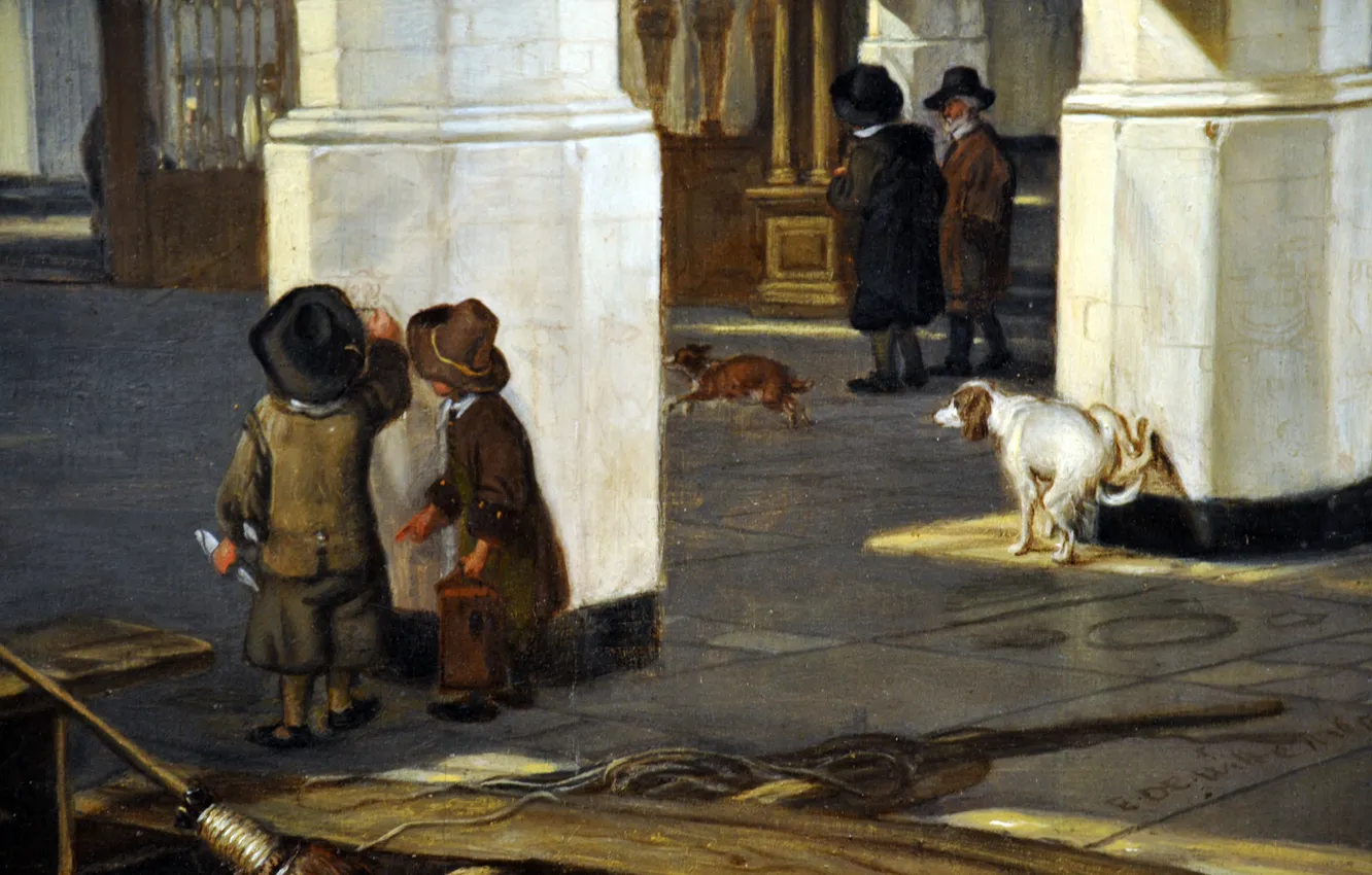 Фото обои собаки, дети, Emanuel de Witte, Interior of the Oude, 1650-52, Kerk in Delft