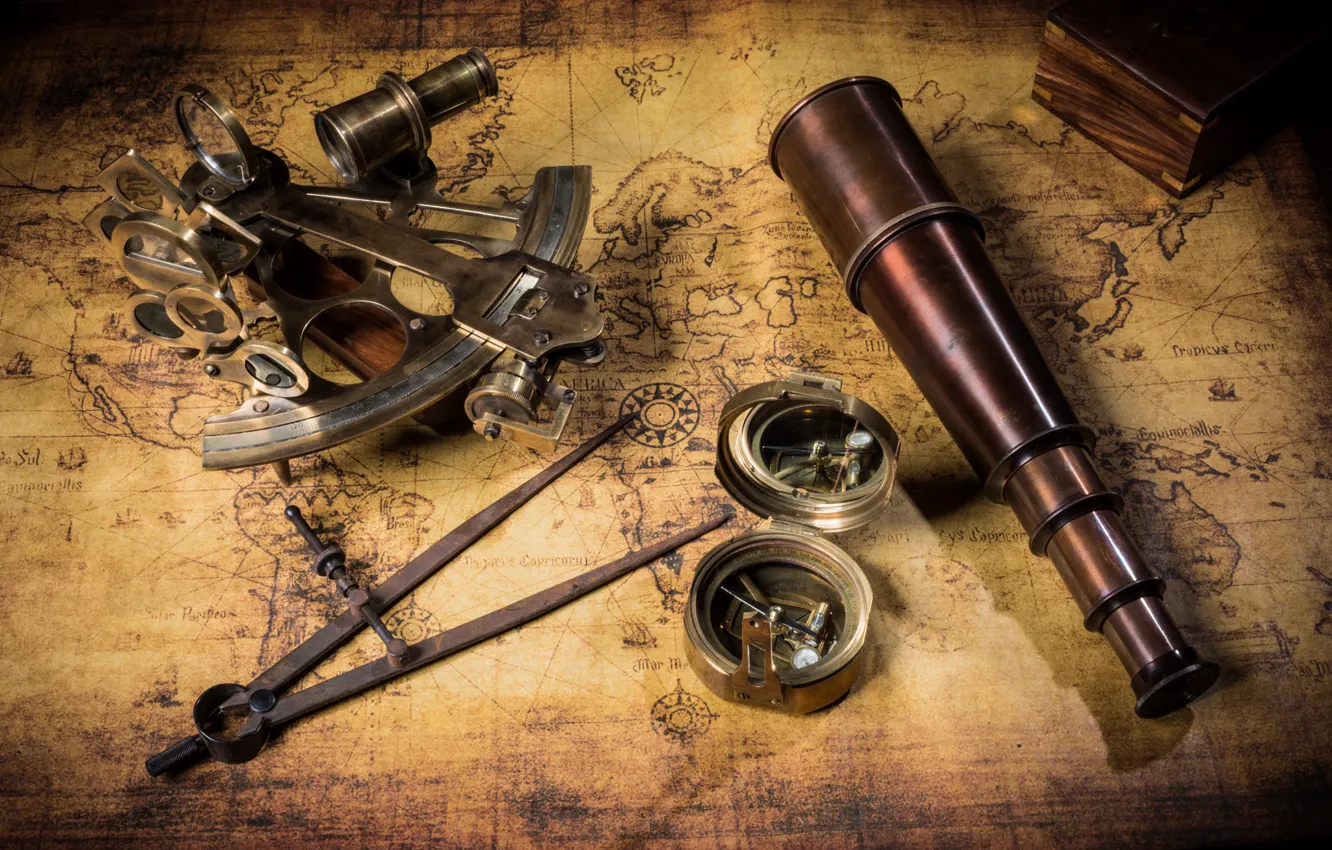 Фото обои карта, труба, шкатулка, сокровища, компас, старая, подзорная, пиарты