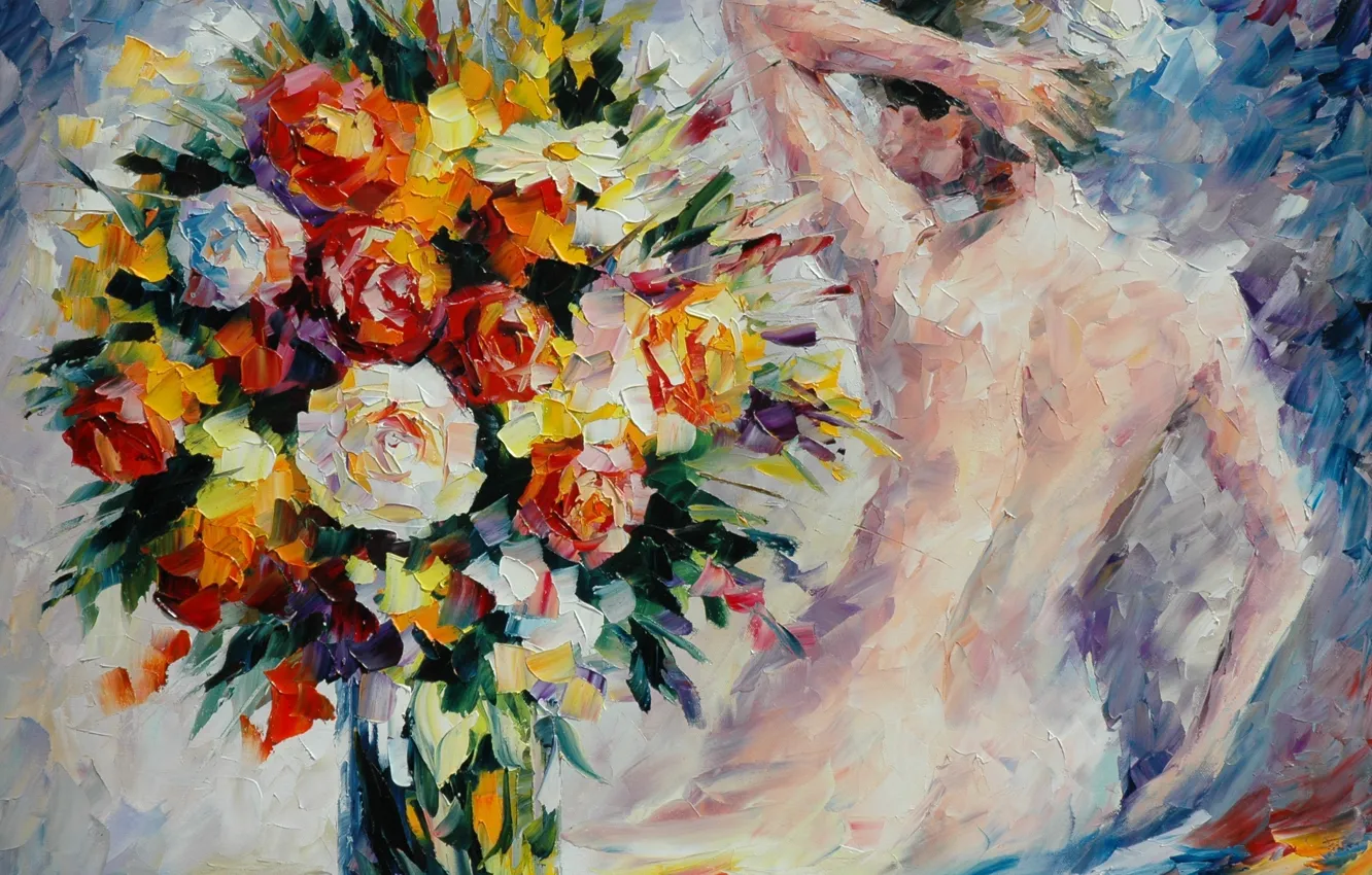 Фото обои девушка, цветы, спина, букет, руки, ваза, живопись, Leonid Afremov