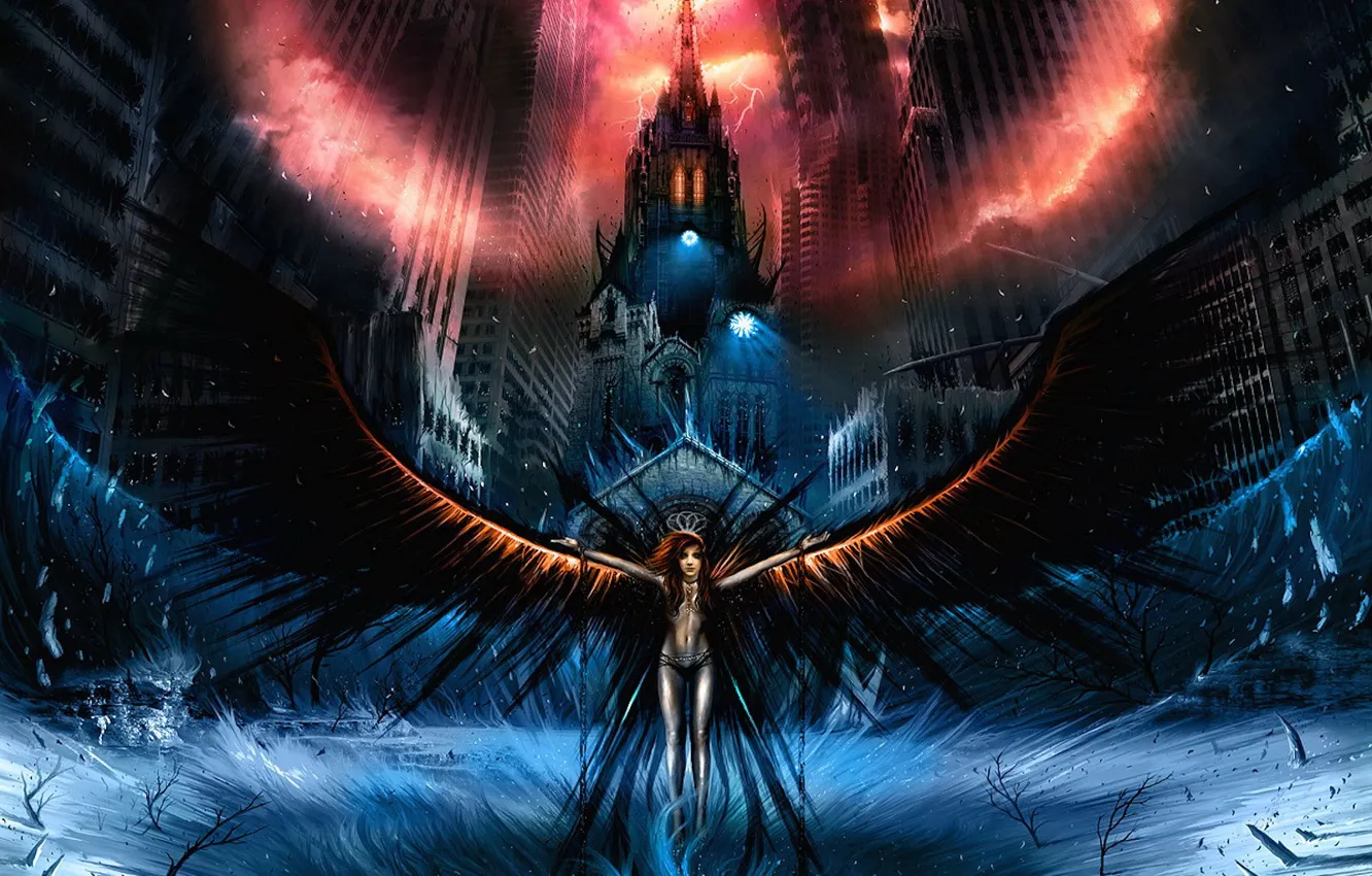 Фото обои город, темный, крылья, ангел, Мрак