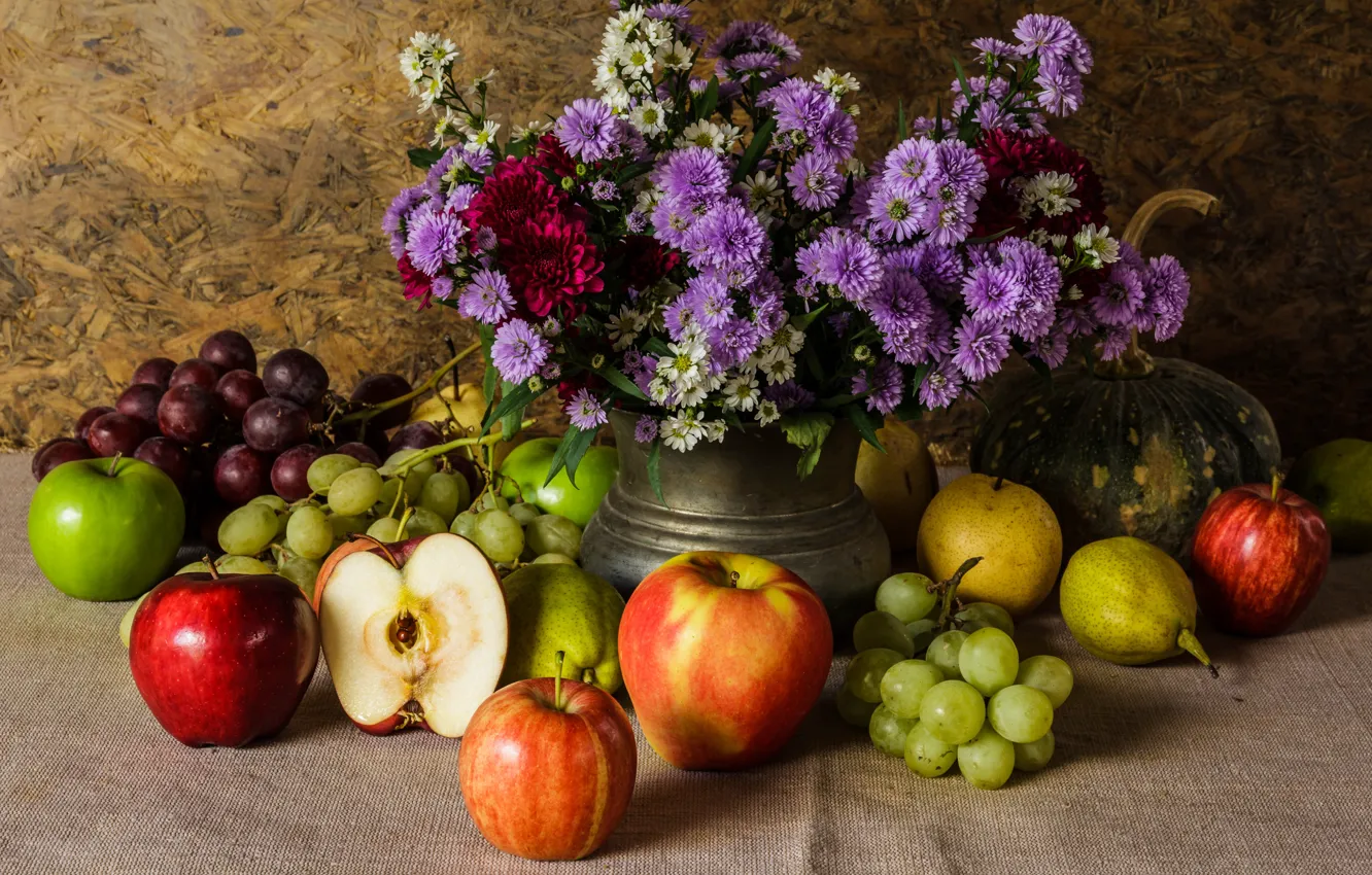 Фото обои цветы, яблоки, букет, виноград, фрукты, натюрморт, груши, flowers