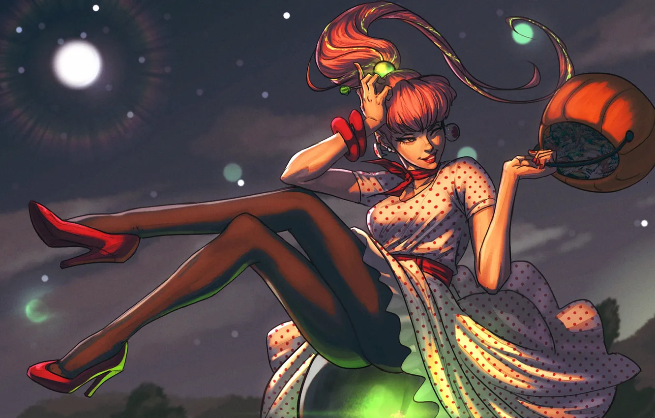 Фото обои девушка, ночь, платье, туфли, тыква