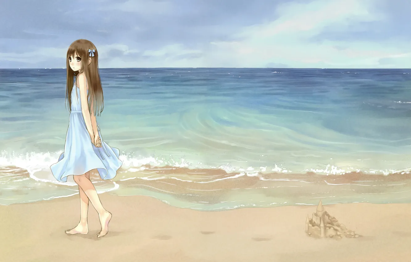Фото обои песок, море, пляж, небо, девушка, аниме