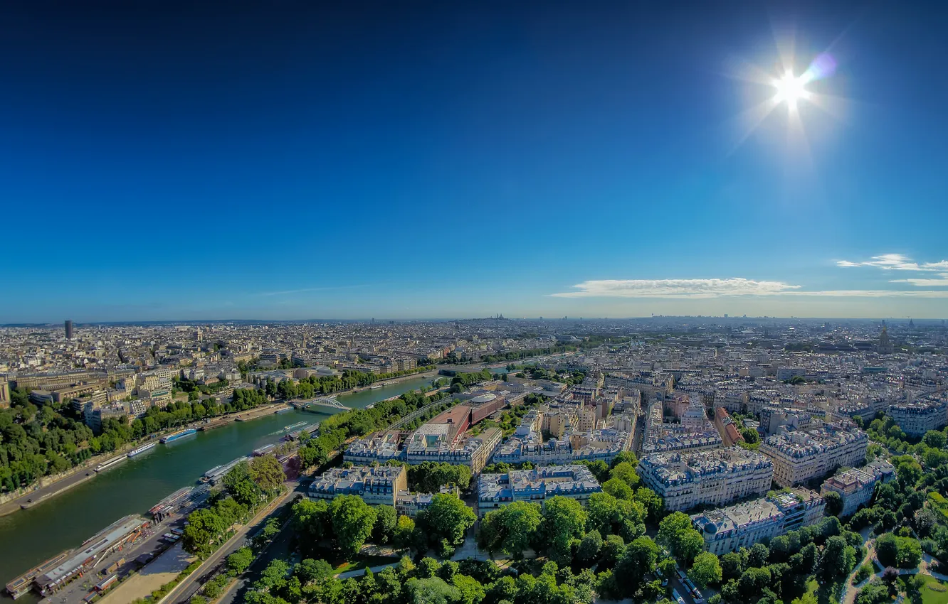 Фото обои небо, солнце, мост, река, Франция, Париж, Сена, панорама