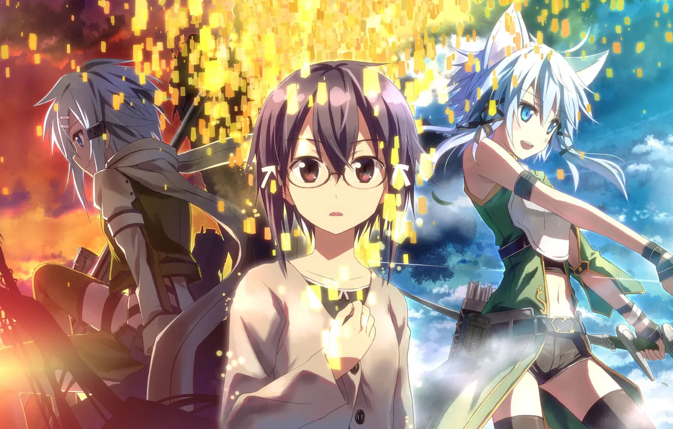 Фото обои оружие, лук, очки, винтовка, ушки, yuuki tatsuya, sao, Sword art online