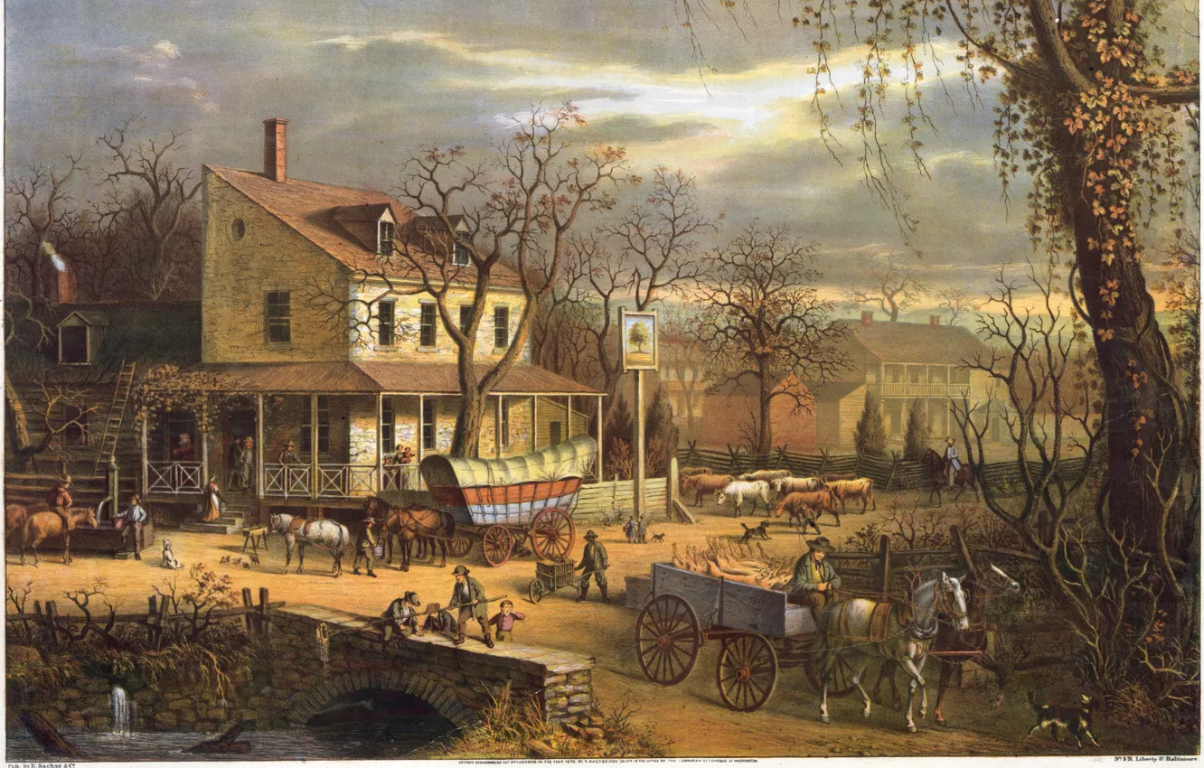 Фото обои картина, живопись, painting, 1817, Roadside in American scenery, библиотека Конгресса США, E.Sachse &ampamp; Co.