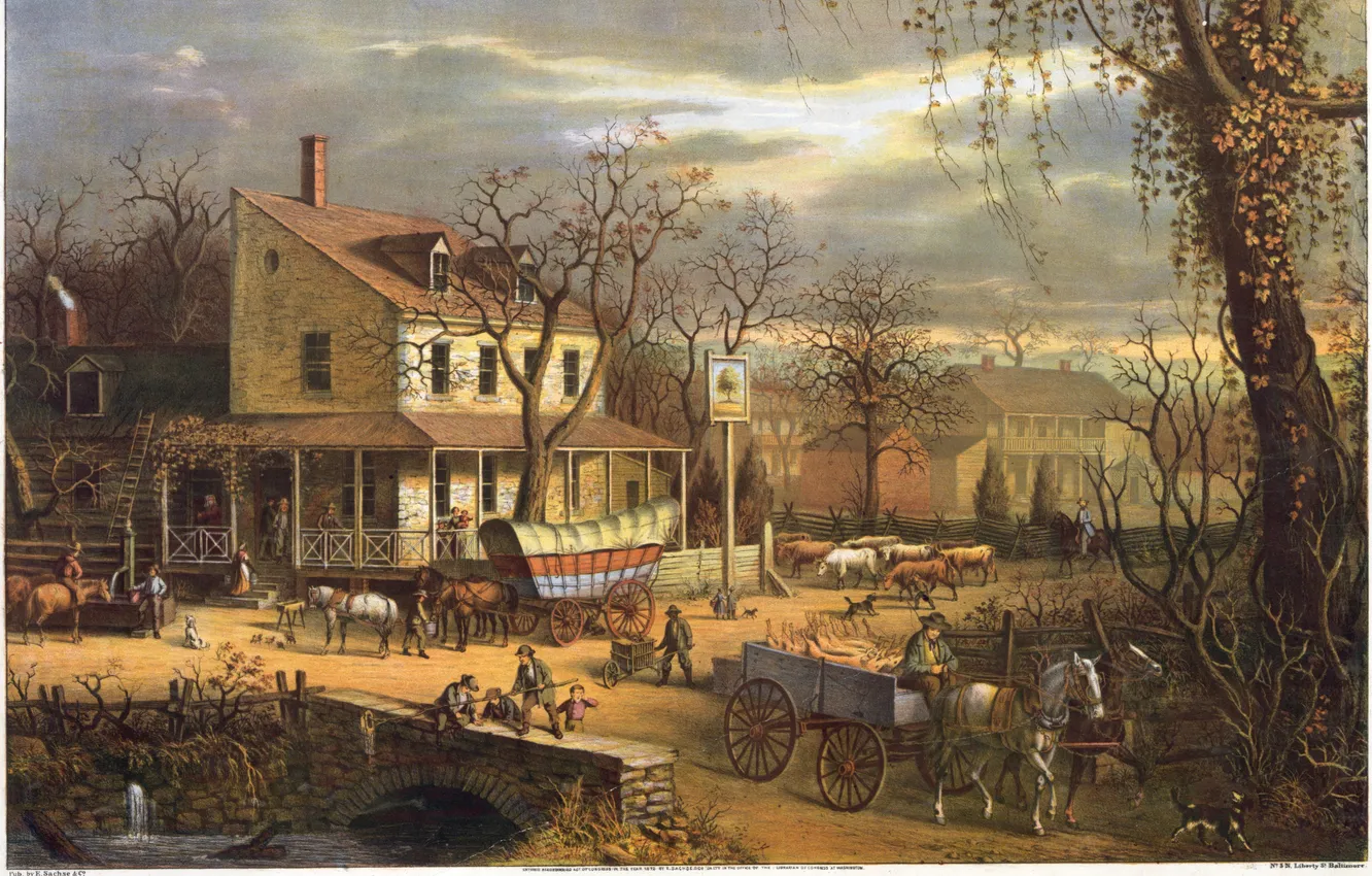 Фото обои картина, живопись, painting, 1817, Roadside in American scenery, библиотека Конгресса США, E.Sachse &amp; Co.