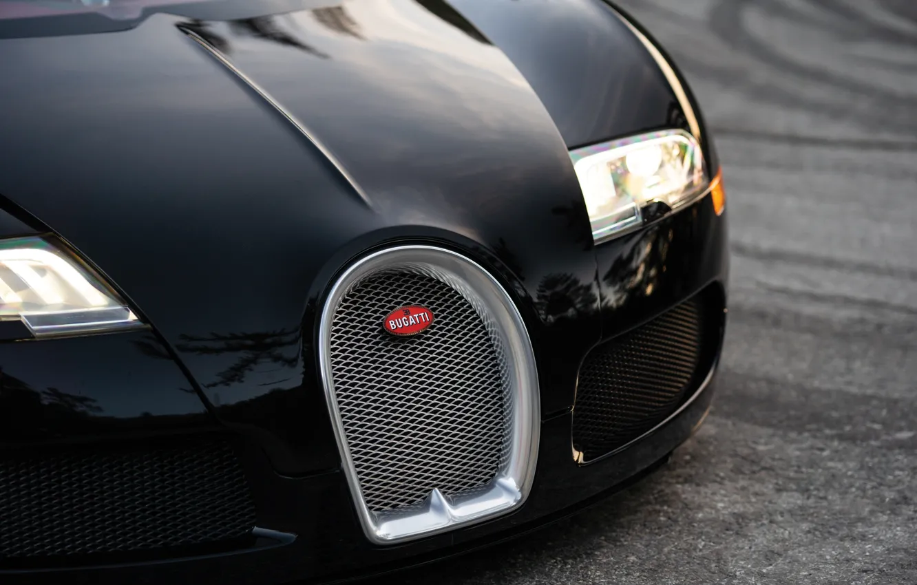 Фото обои Bugatti, Veyron, logo, Bugatti Veyron, close-up, 16.4, grille, Sang Noir