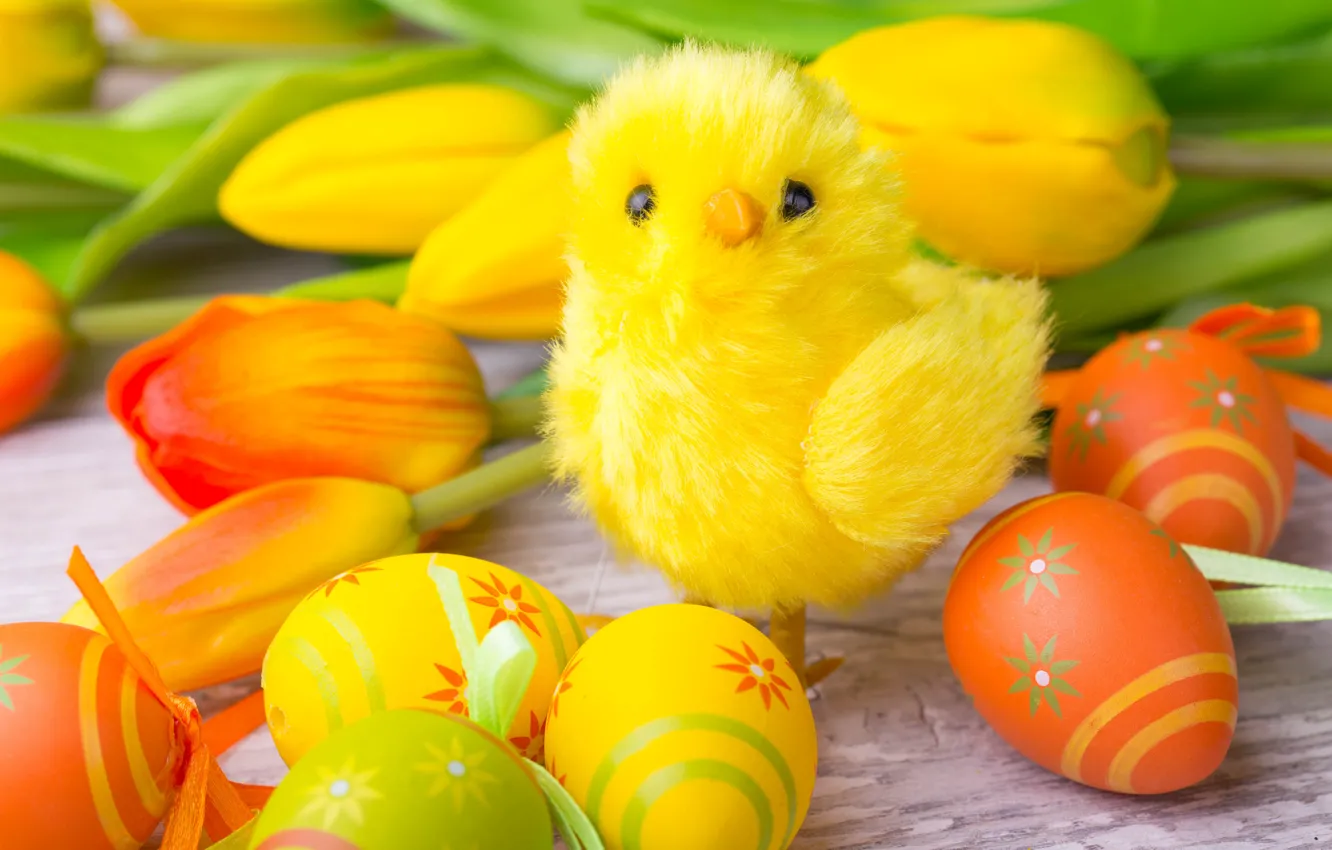 Фото обои Пасха, тюльпаны, yellow, wood, tulips, spring, Easter, eggs