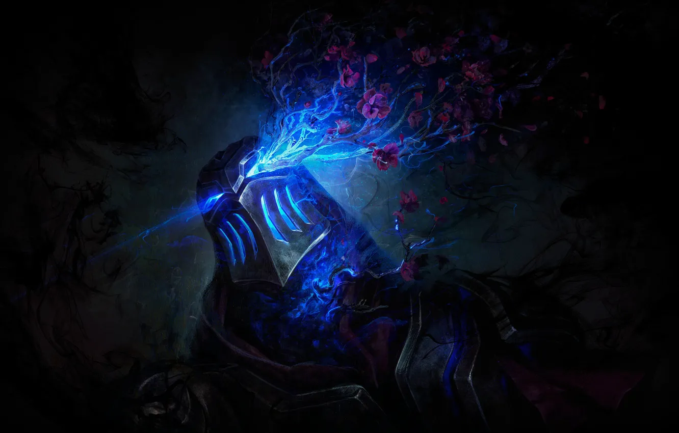 Фото обои цветы, молния, шлем, League of Legends, Лига Легенд, Zed