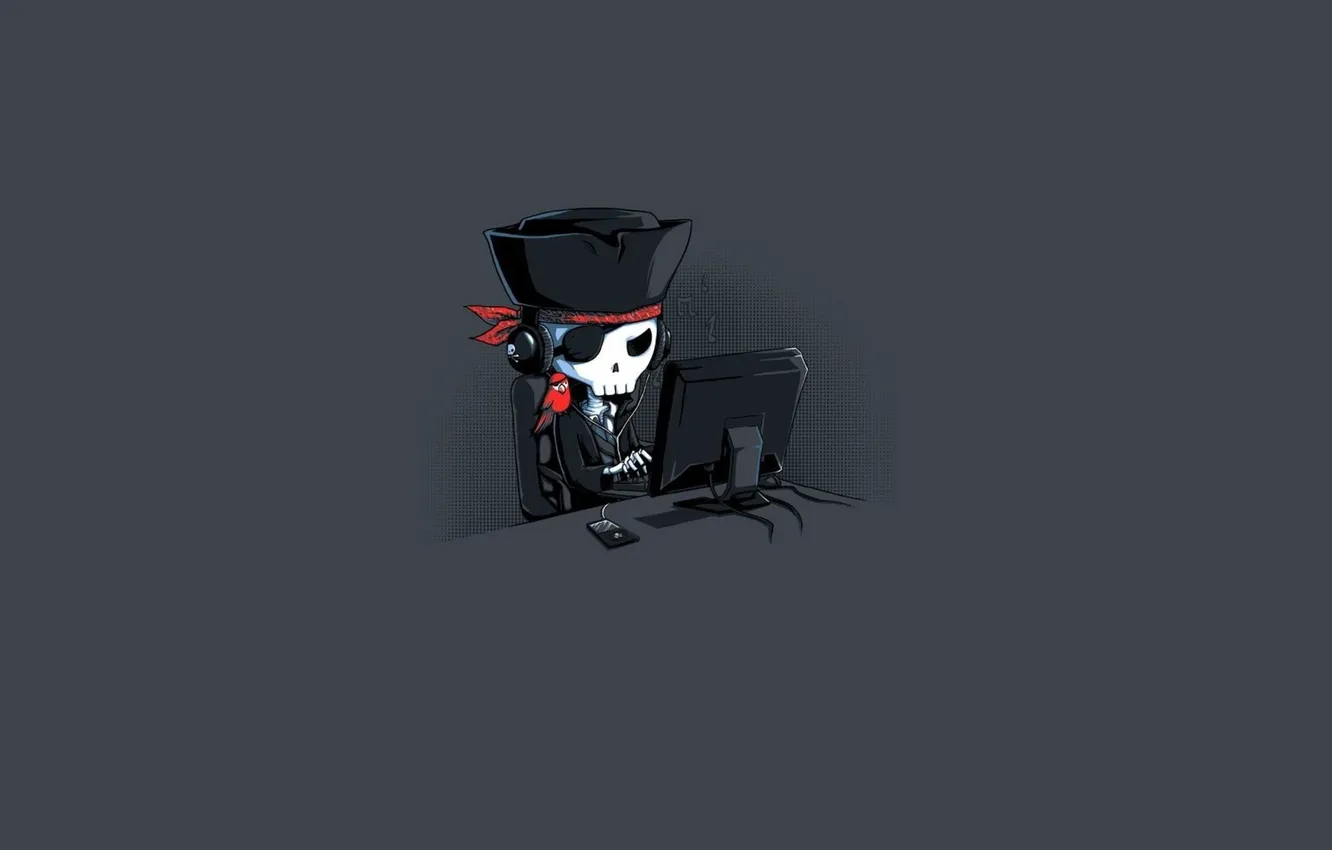 Фото обои компьютер, минимализм, пират, попугай, серый фон, pirate, minimalism, parrot