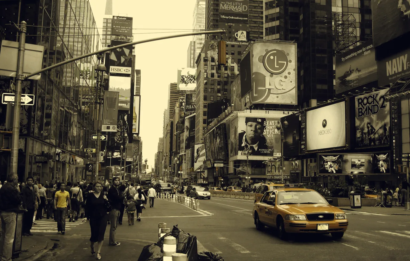 Фото обои ч/б, такси, нью-йорк