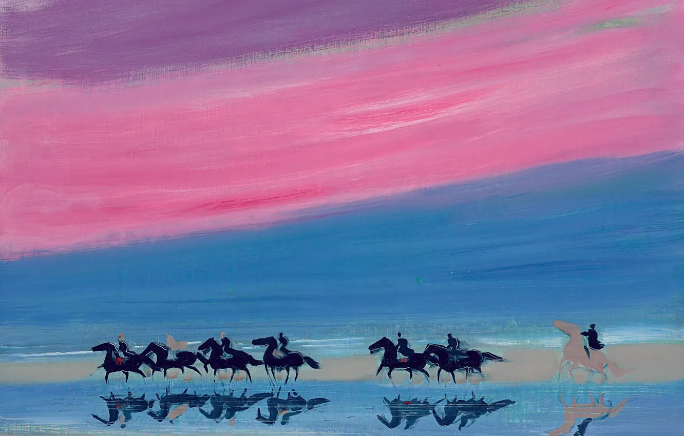 Фото обои облака, пейзаж, берег, картина, лошади, Andre Brasilier, Отражения Всадников