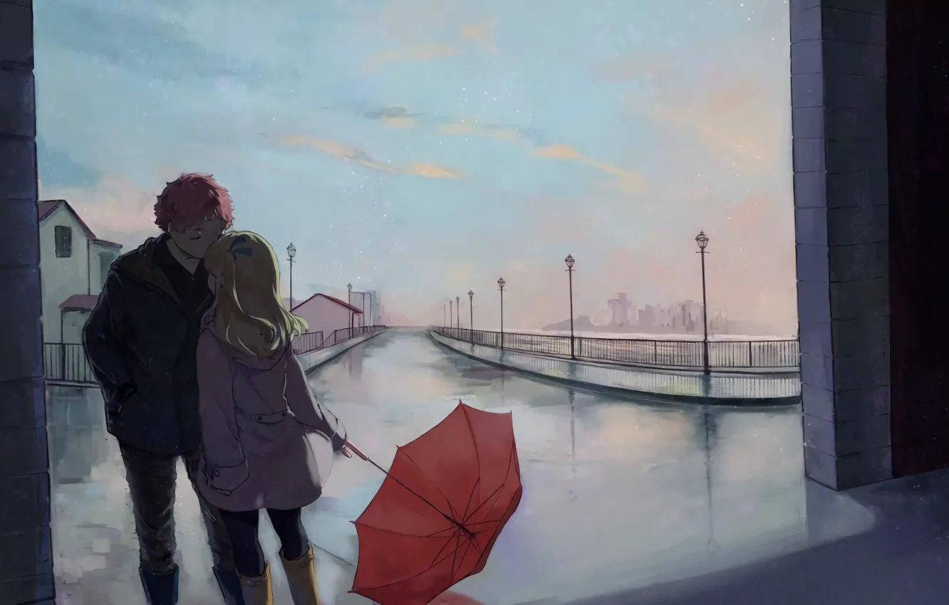 Фото обои улица, романтика, зонт, арт, пара, парочка