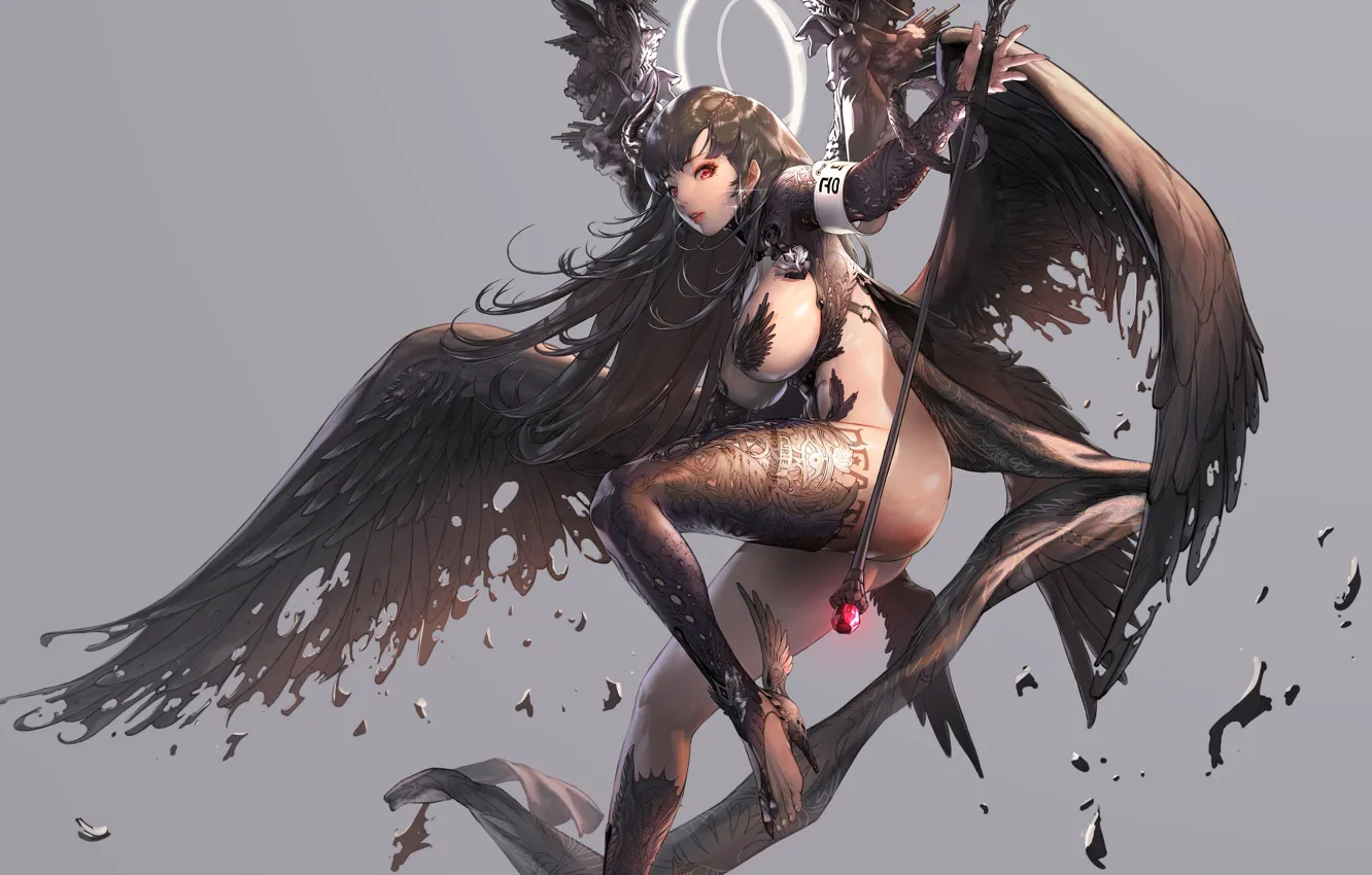 Фото обои девушка, крылья, ангел, серый фон