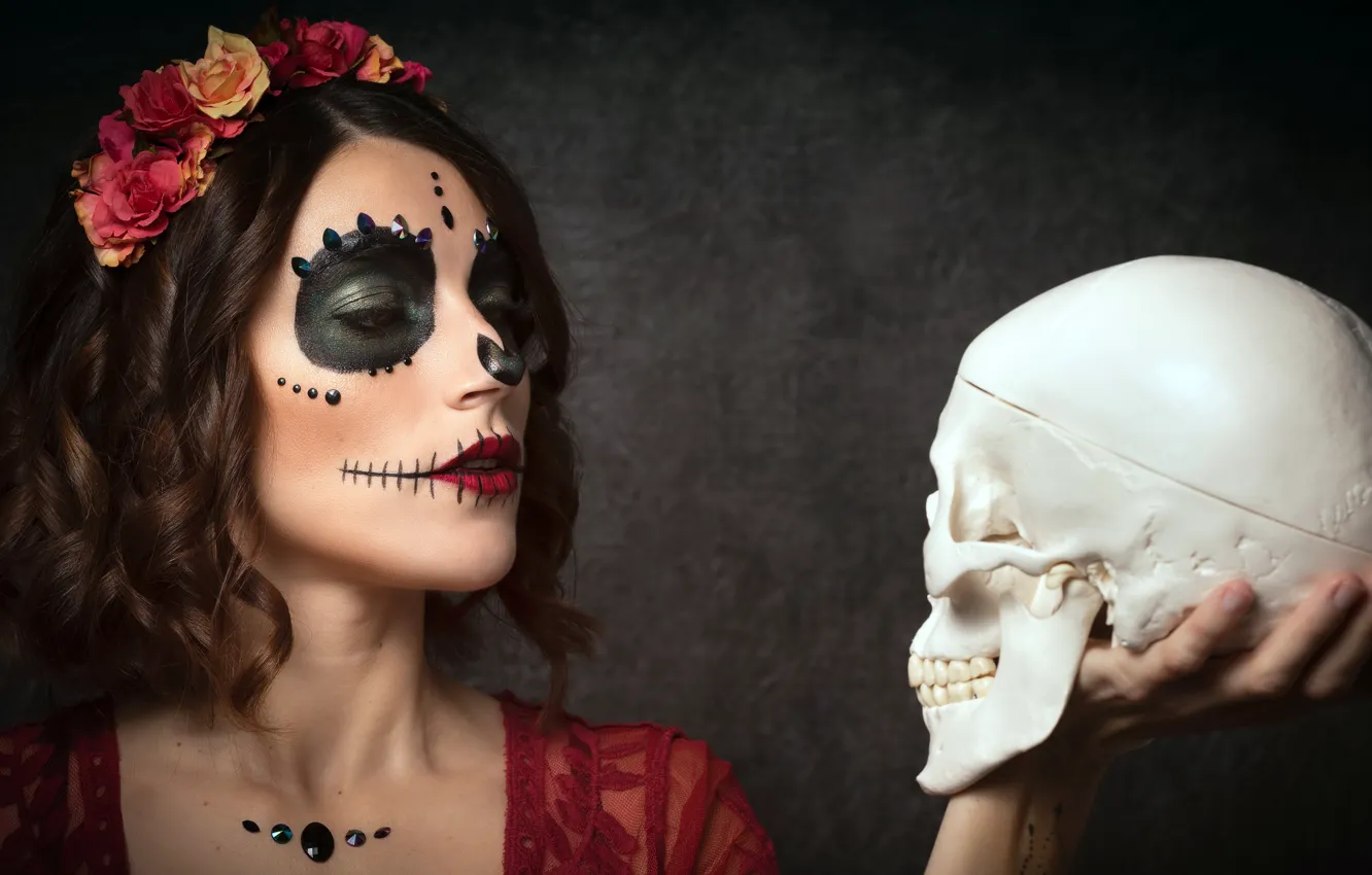 Фото обои девушка, череп, макияж