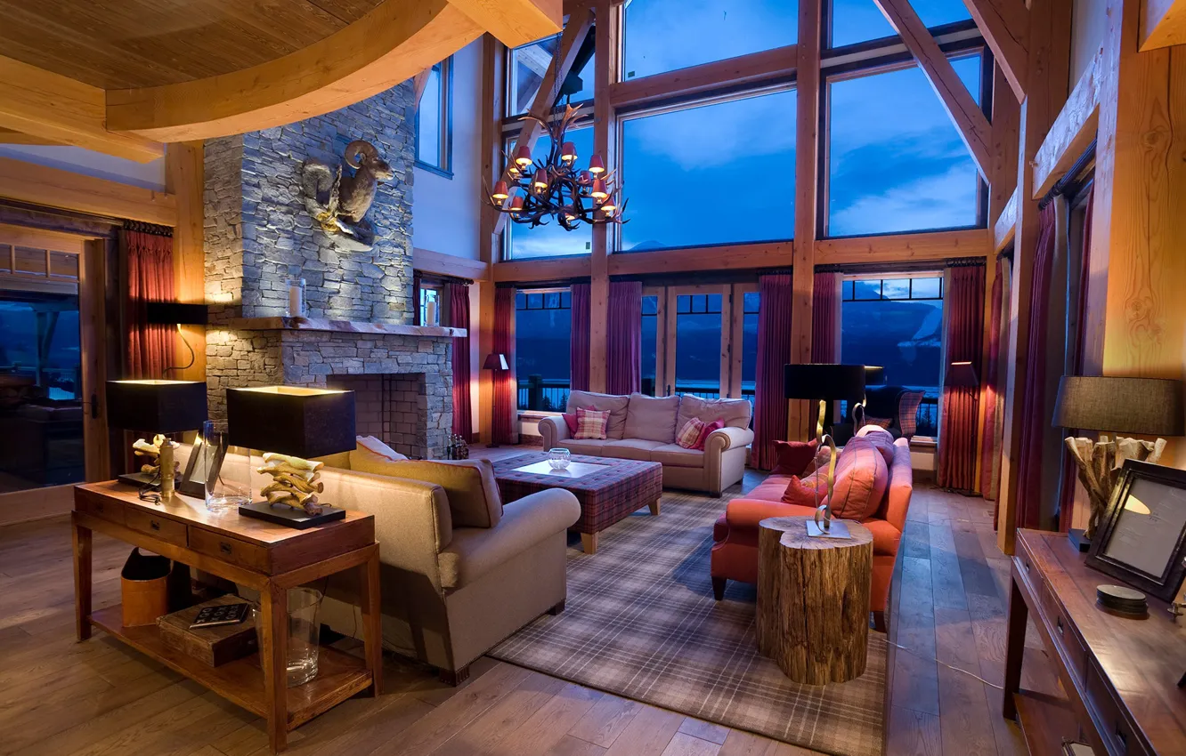 Фото обои вилла, интерьер, камин, гостиная, Bighorn Lodge