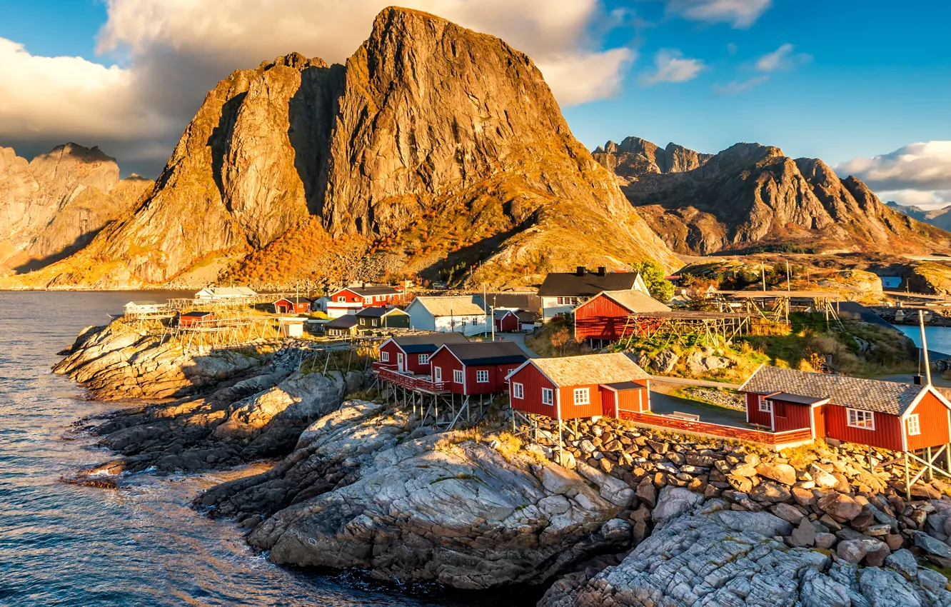 Фото обои свет, пейзаж, горы, природа, скалы, Норвегия, домики, водоем