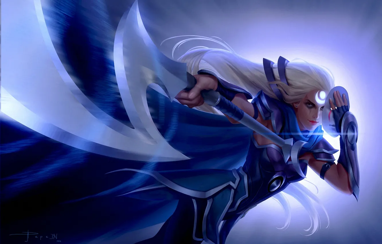 Фото обои девушка, оружие, маска, арт, символ, белые волосы, League of legends, Diana