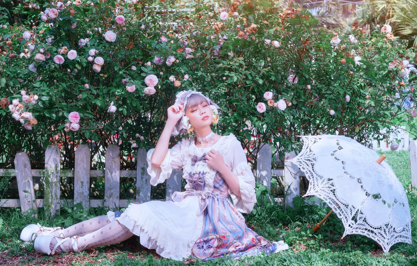 Фото обои лето, девушка, свет, цветы, природа, забор, розы, зонт