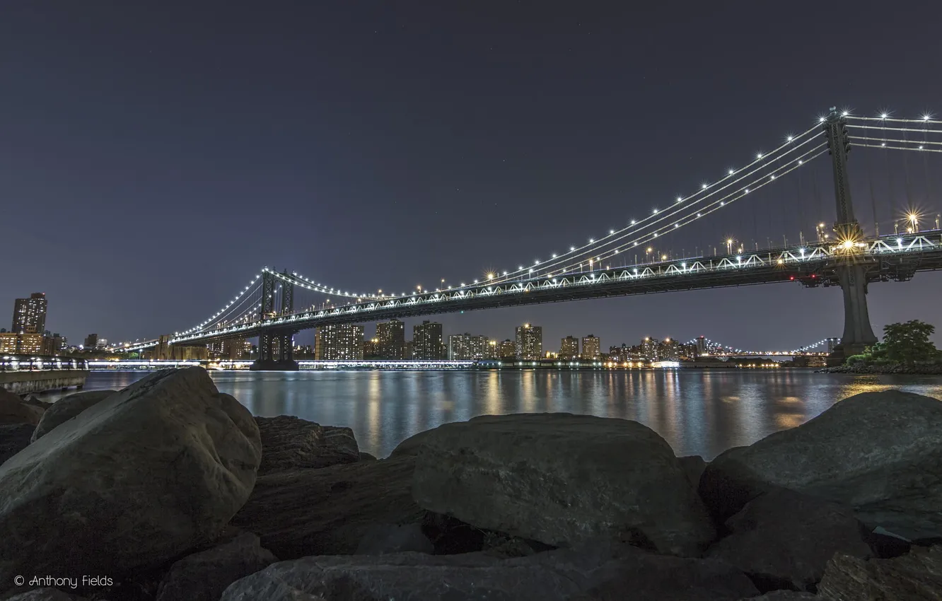 Фото обои ночь, мост, город, огни, река