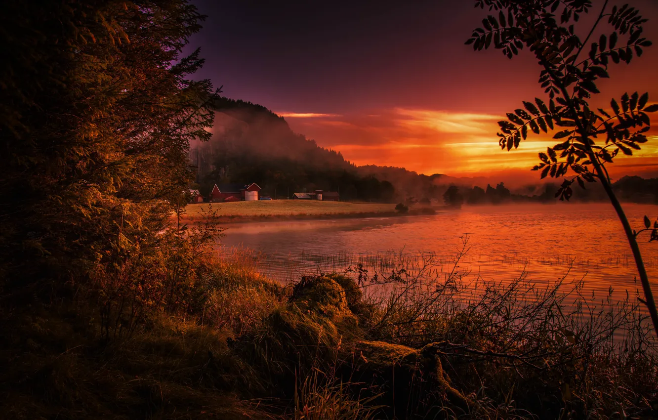 Фото обои закат, туман, река, берег, Норвегия, Ругаланн, Rogaland