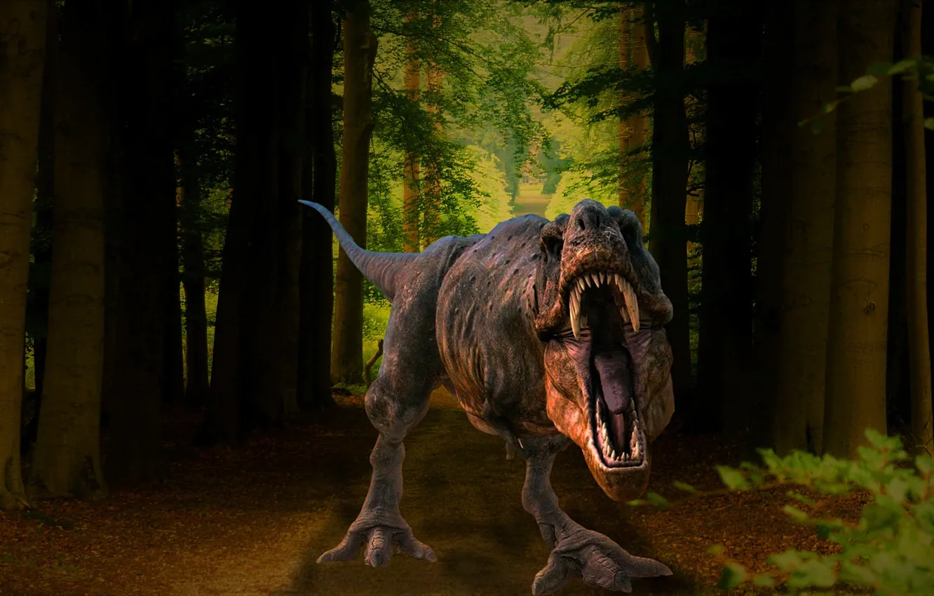 Фото обои Деревья, Лес, Зубы, Пасть, Хищник, Динозавр, Животные, Raptor