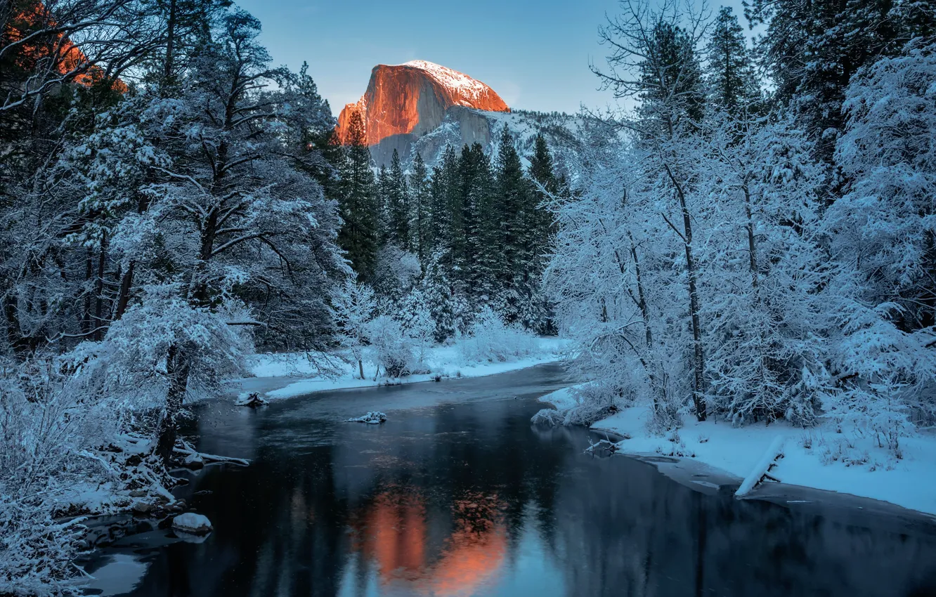 Фото обои снег, река, гора, Landscape, Yosemite National Park