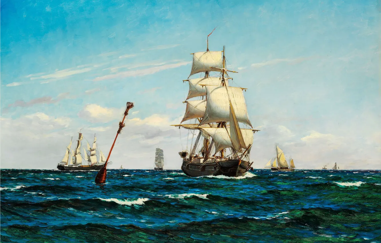 Фото обои море, волны, корабль, паруса, carl locher