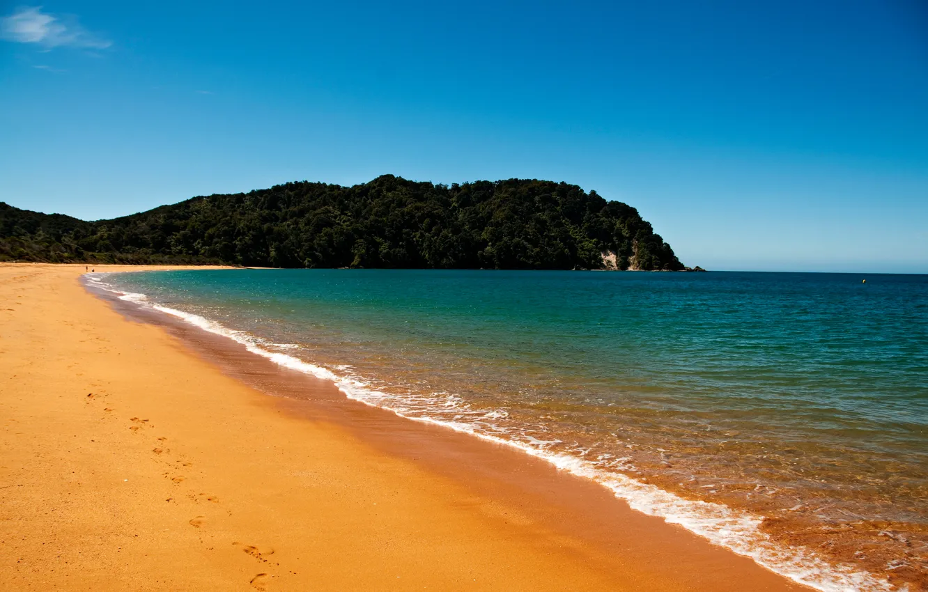 Фото обои песок, море, небо, деревья, скала, берег