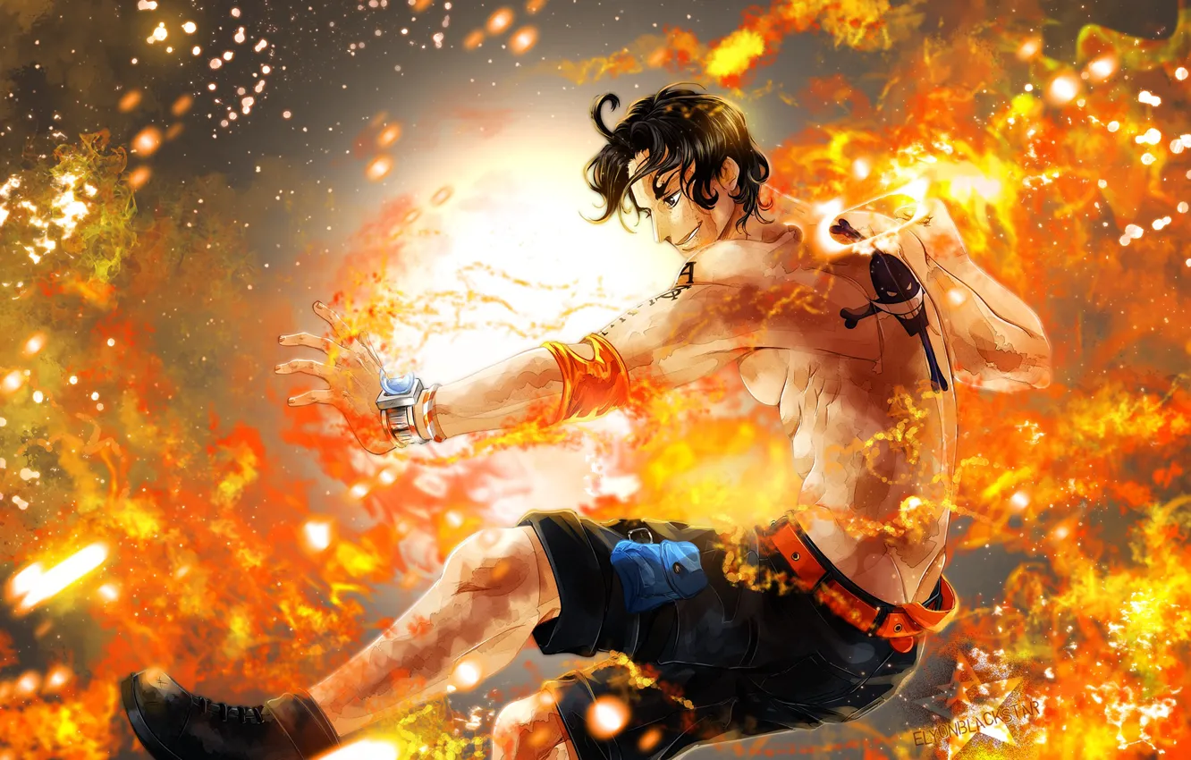 Фото обои огонь, пламя, парень, One Piece