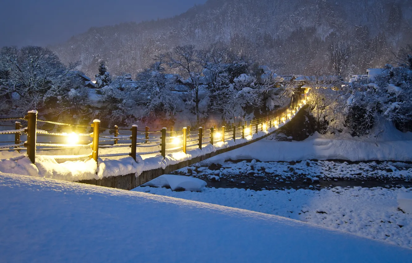 Фото обои зима, ночь, мост, река