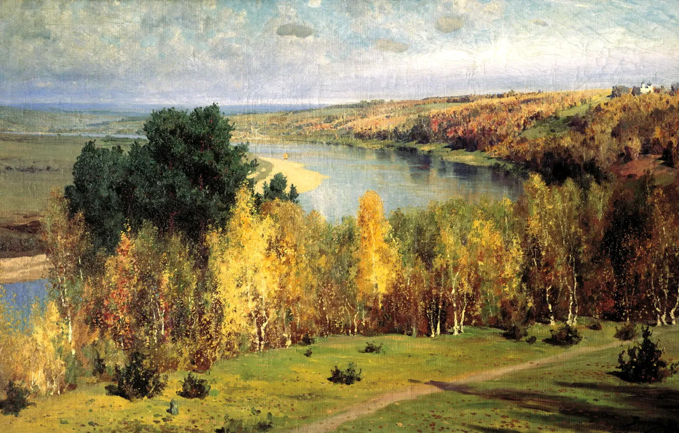Фото обои осень, река, рисунок