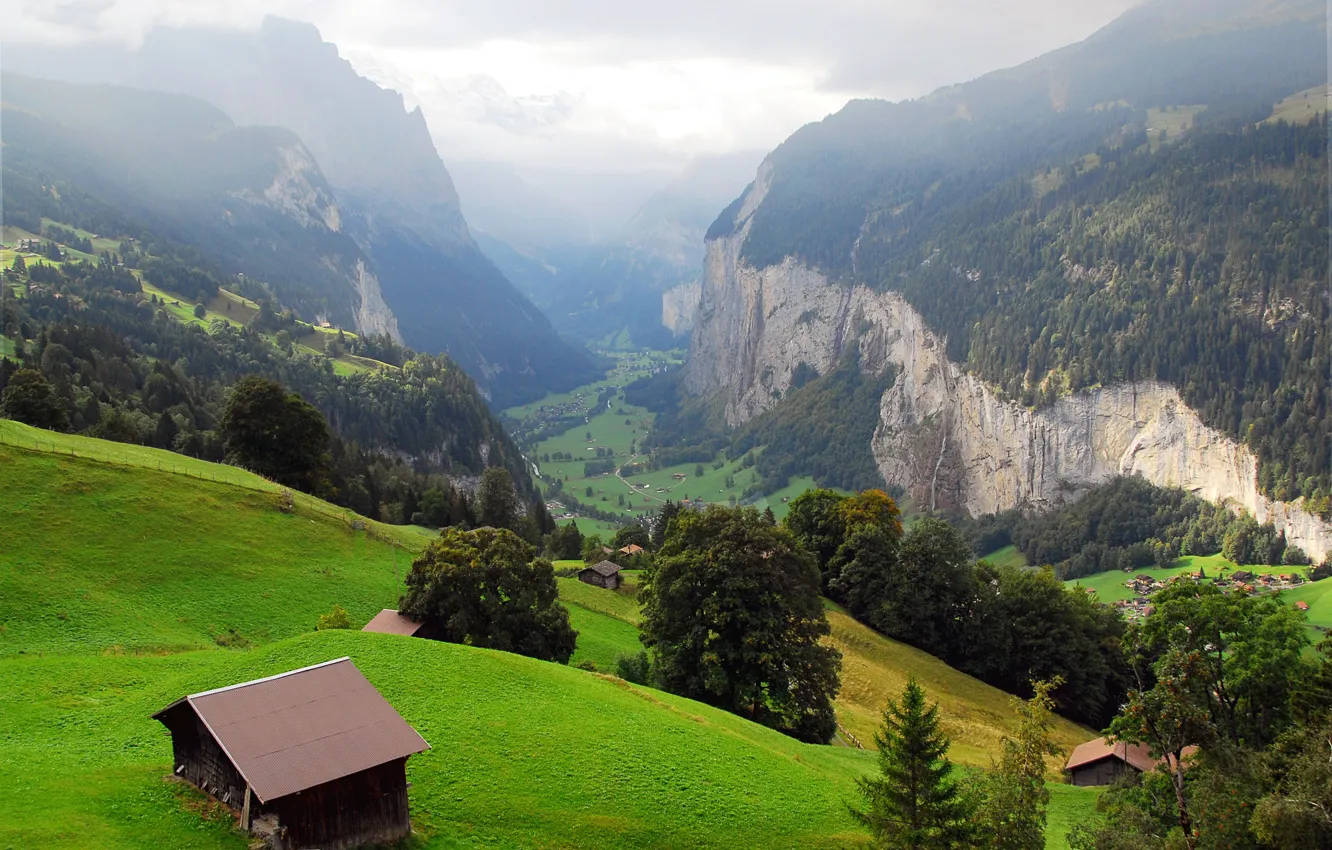 Фото обои деревья, горы, скалы, Швейцария, долина, склон, деревня, панорама