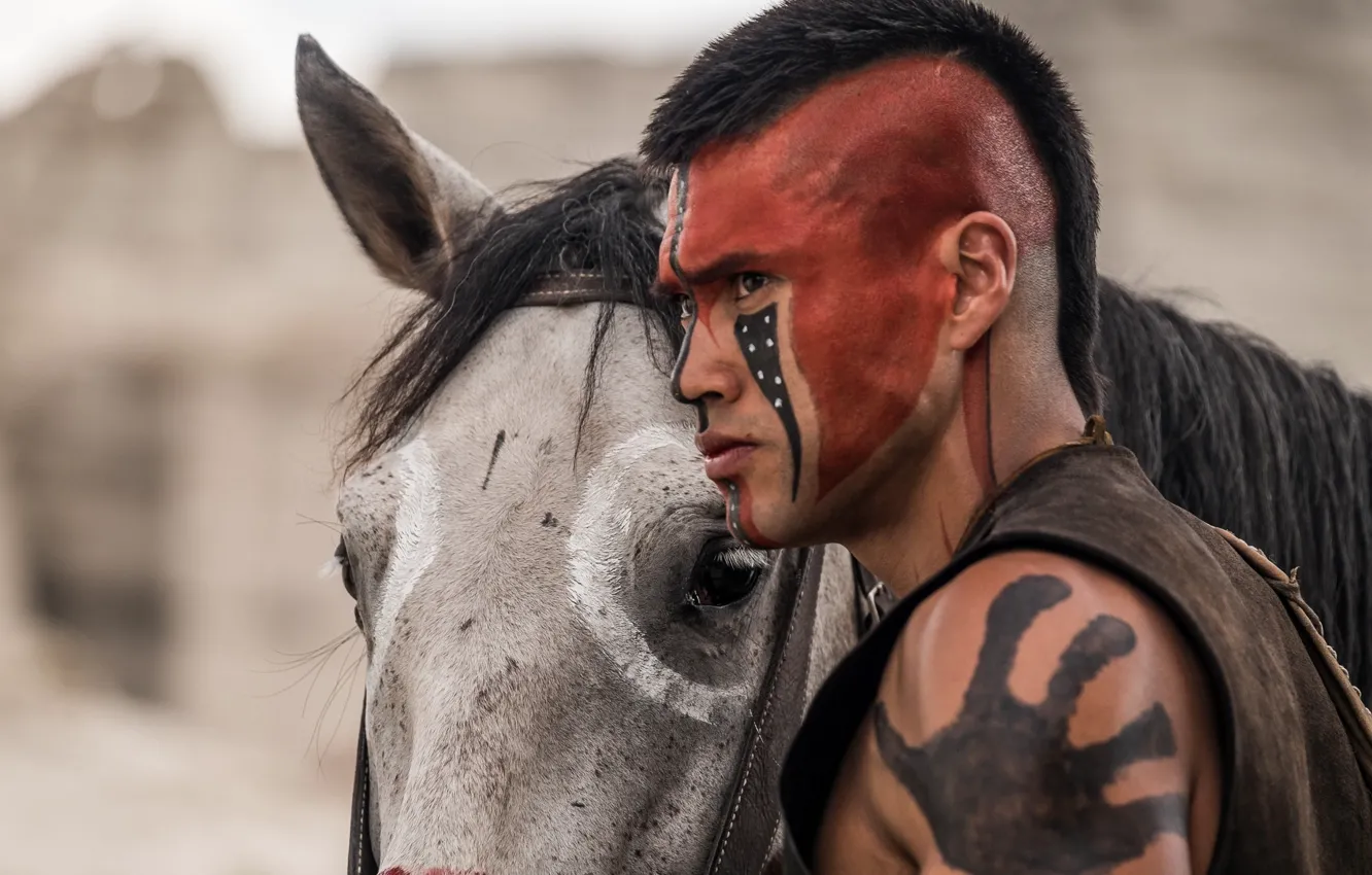 Фото обои wallpaper, man, leather, animal, horse, indian, warrior, mane