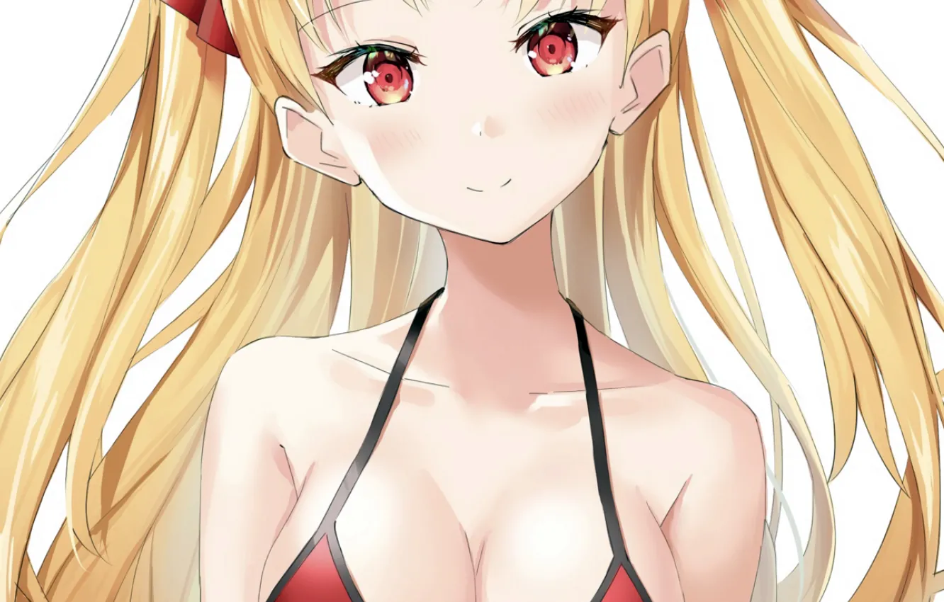 Фото обои girl, sexy, cleavage, long hair, boobs, anime, beautiful, red eyes