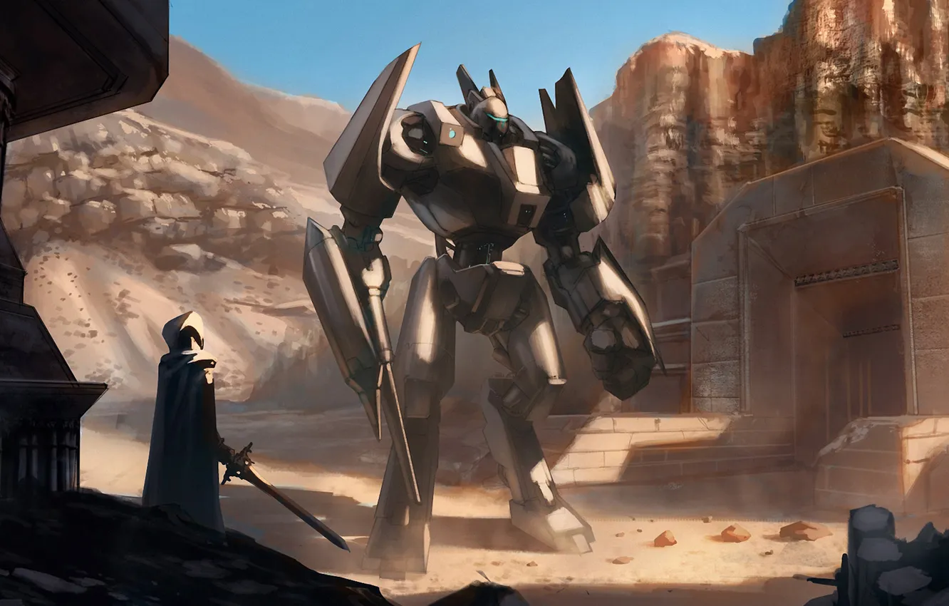 Фото обои горы, металл, скалы, пустыня, робот, меч, воин, арт