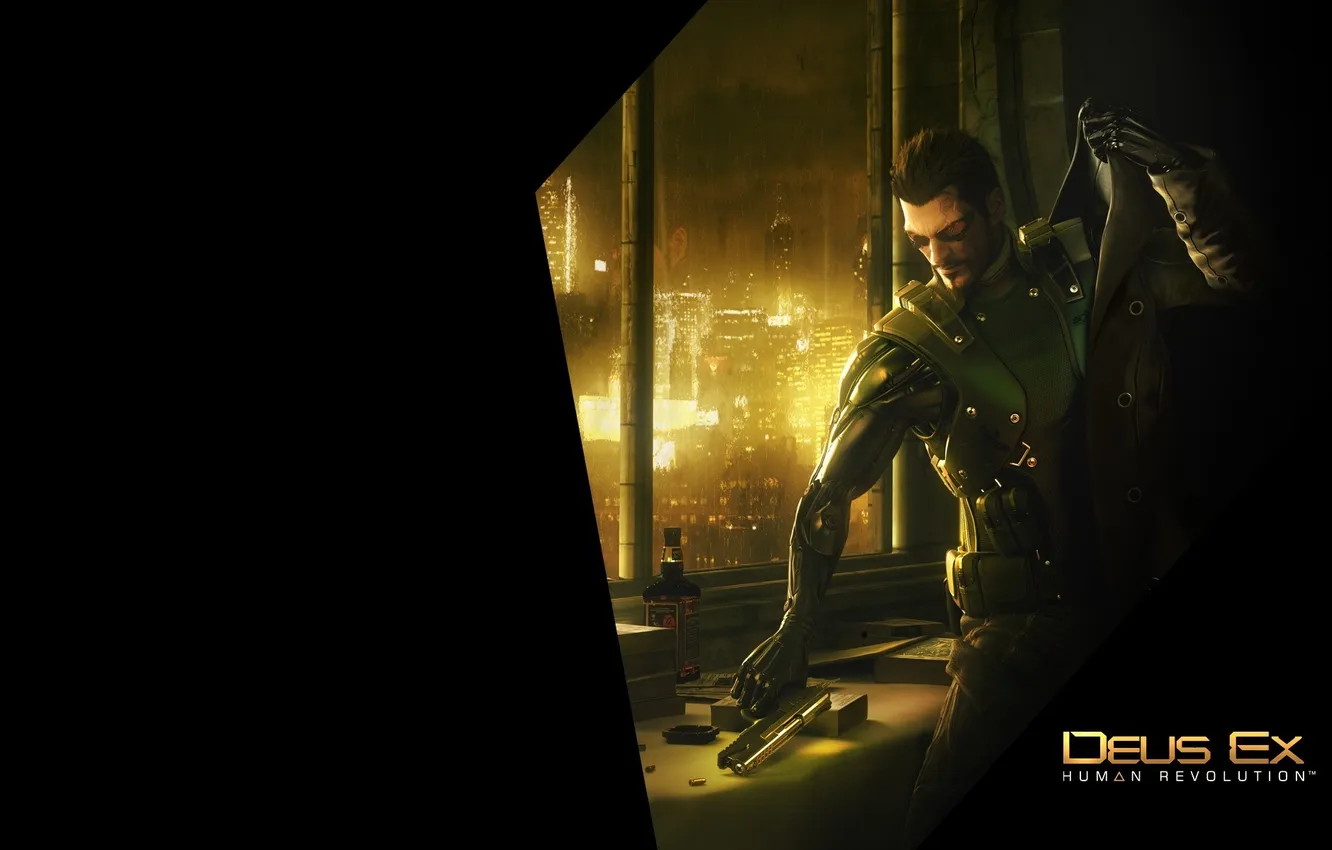 Фото обои город, огни, пистолет, пули, Адам, Deus Ex : Human Revolution