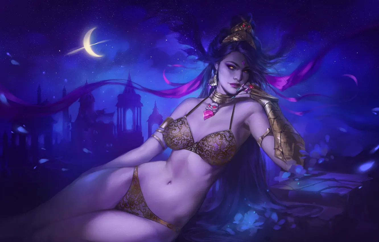 Фото обои Девушка, Ночь, Луна, Game, Месяц, Hades, Nyx, Supergiant Games