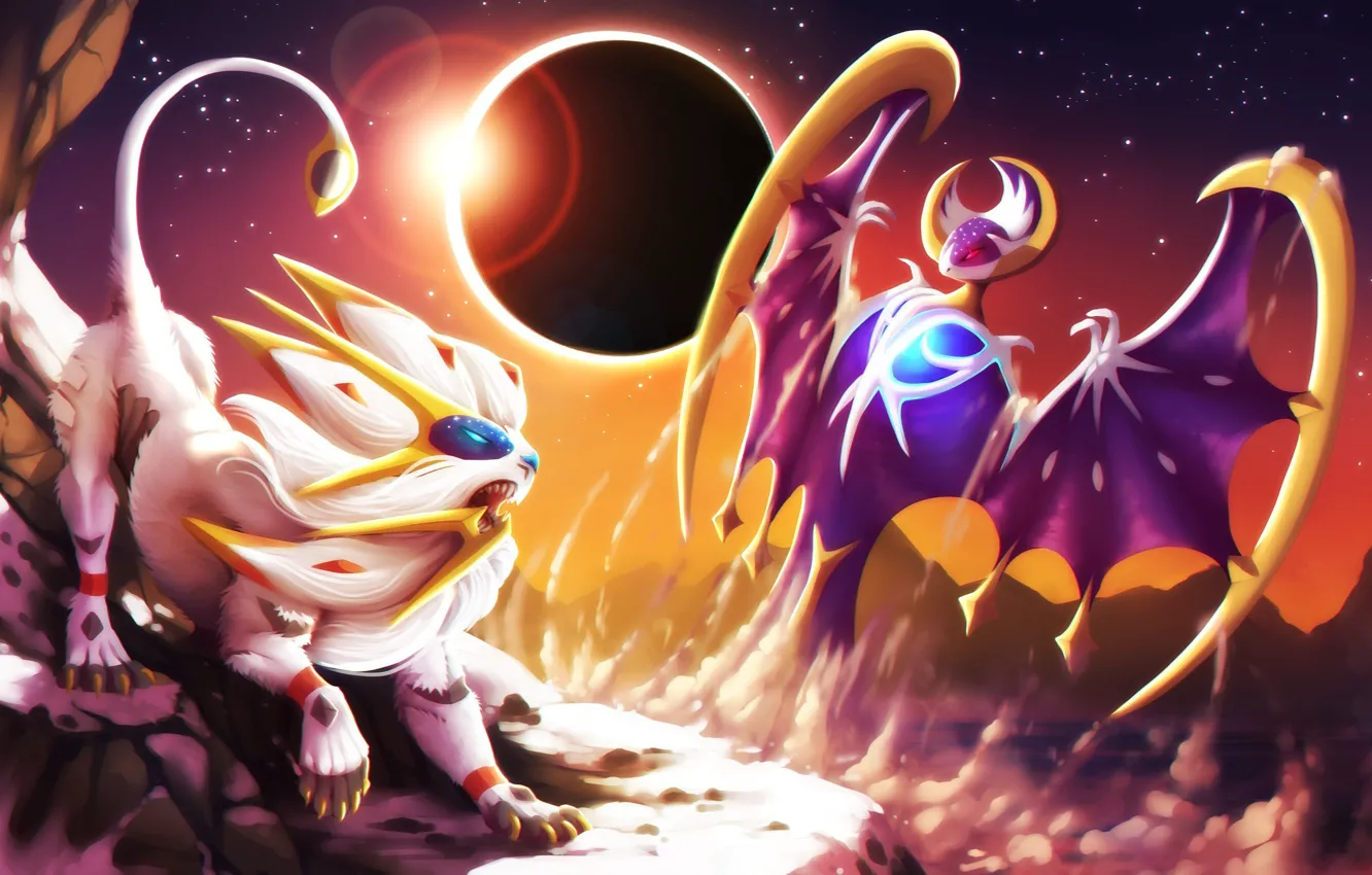 Фото обои moon, game, wings, lion, dust, fight, Pokemon, Pokémon Sun & Moon
