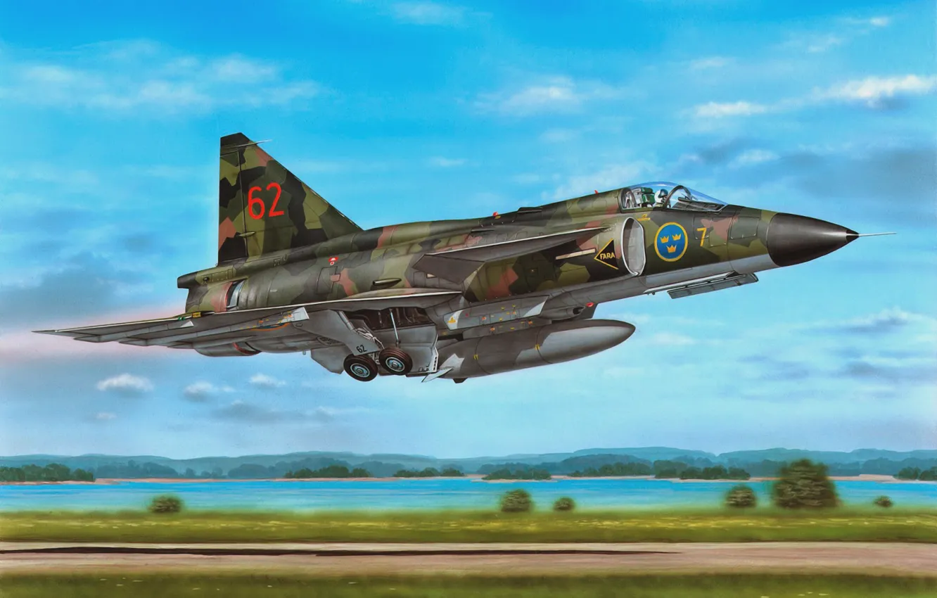 Фото обои art, painting, jet, SAAB AJ-37 VIGGEN