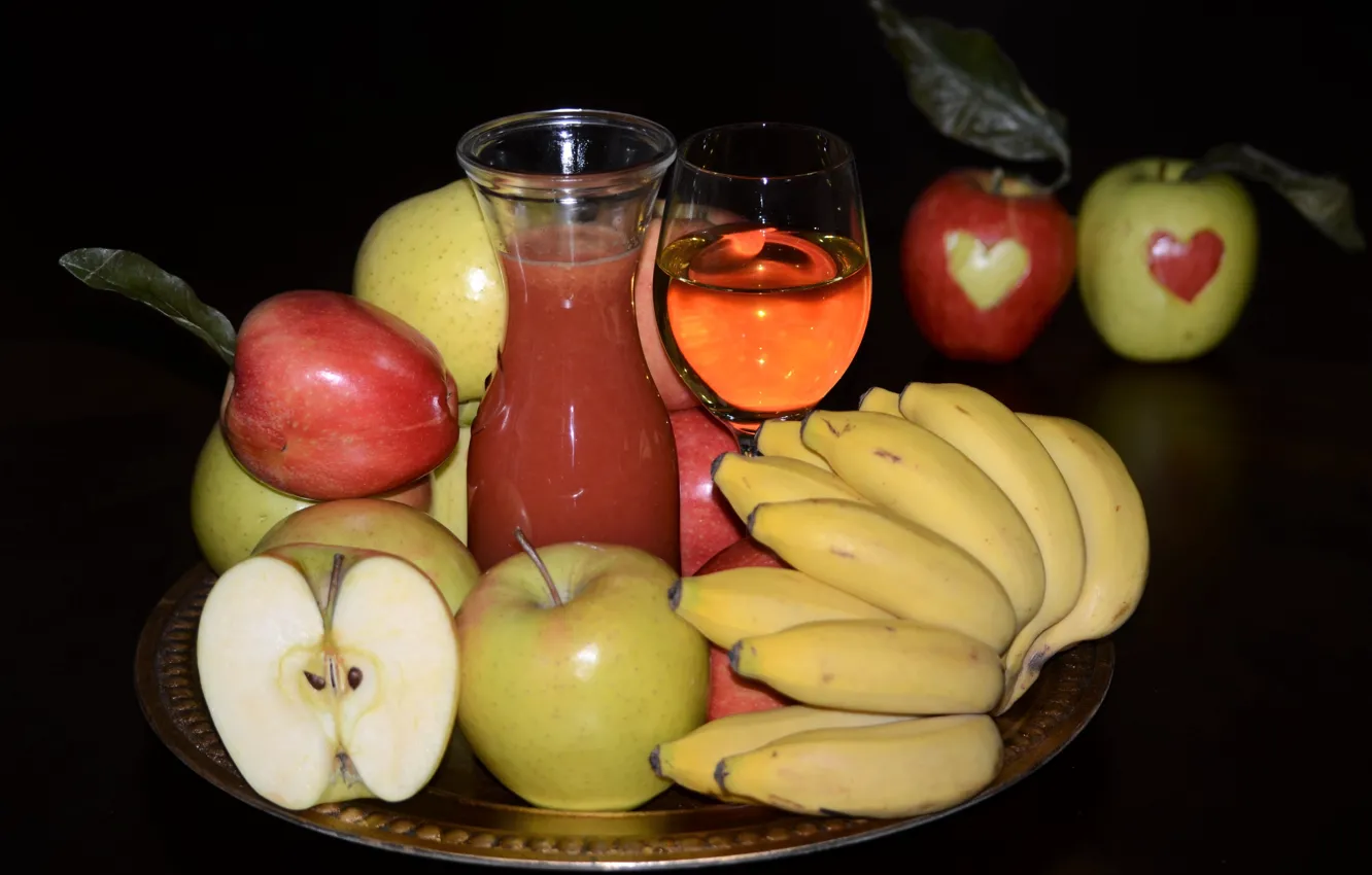Фото обои яблоки, сок, бананы, фрукты