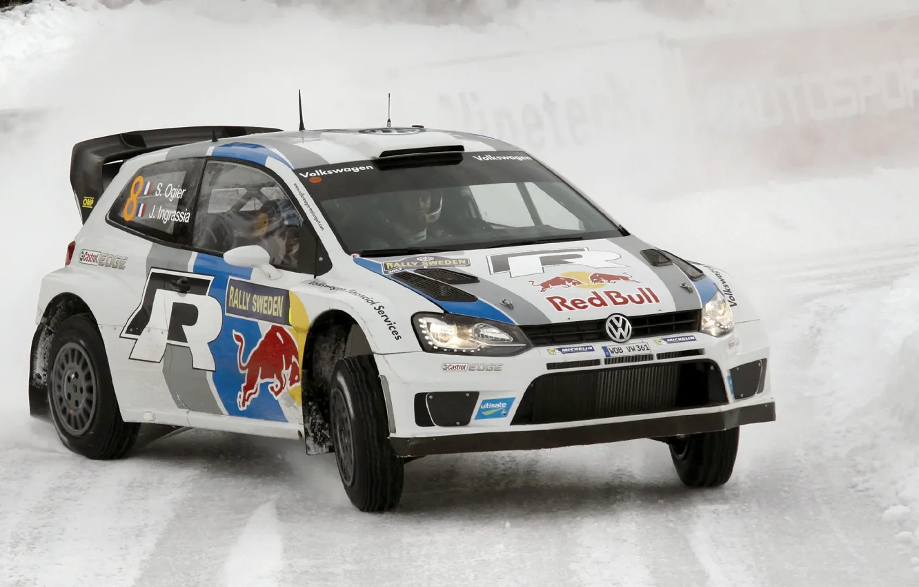 Фото обои Зима, Volkswagen, Машина, Поворот, WRC, Rally, Polo, С. Ожье
