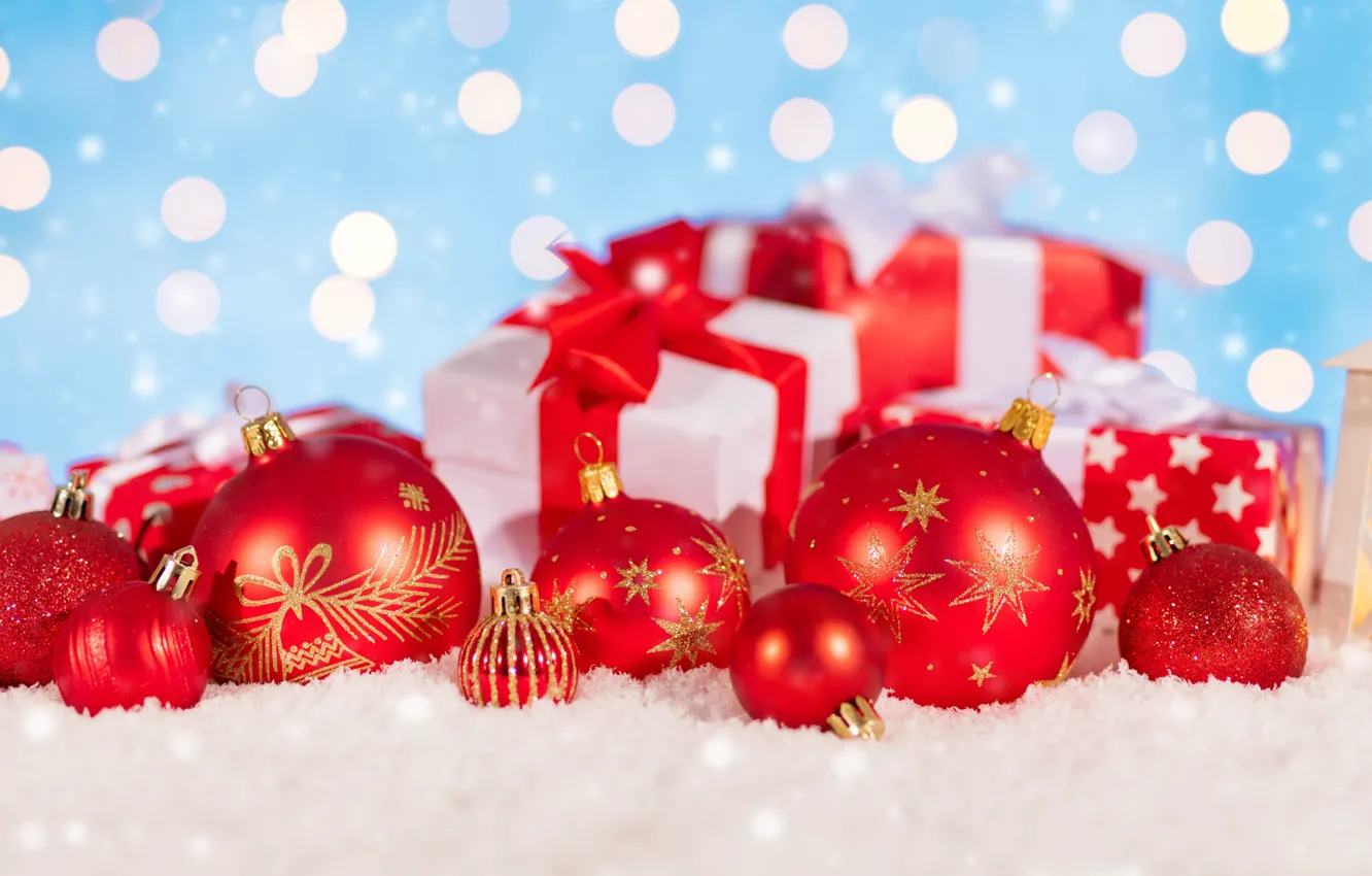 Фото обои зима, снег, украшения, снежинки, Новый Год, Рождество, подарки, Christmas